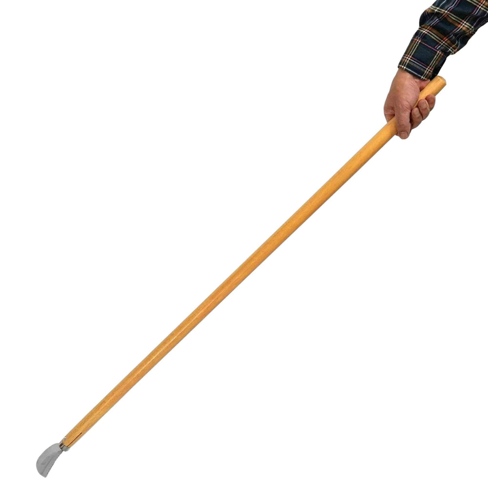 Garden Helper size comparison against foot illustrating 42-inch handle for better reach benefit