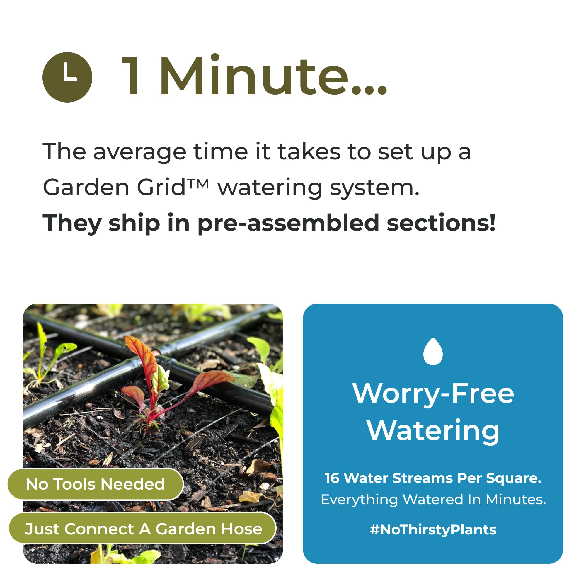Garden In Minutes close-up of nozzles delivering uniform soil-level streams for consistent watering