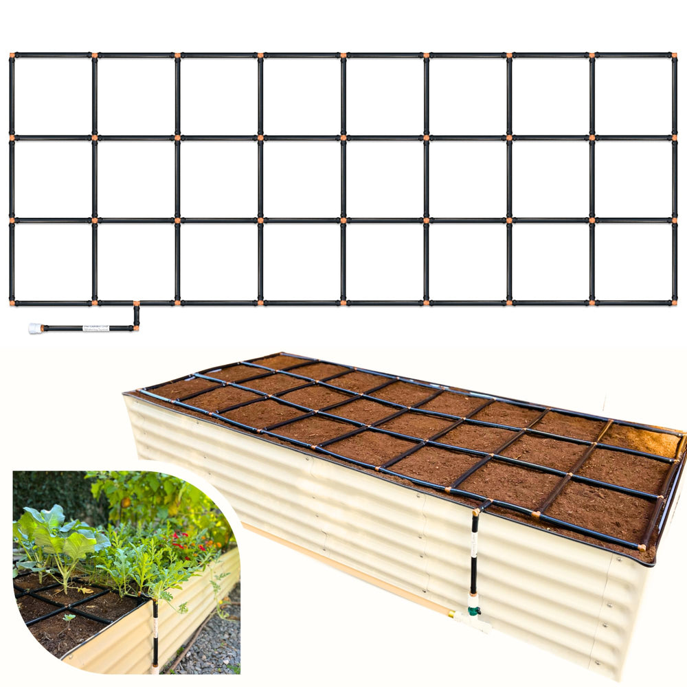 Garden In Minutes front packaging showing pre-assembled 3x8 grid and benefits