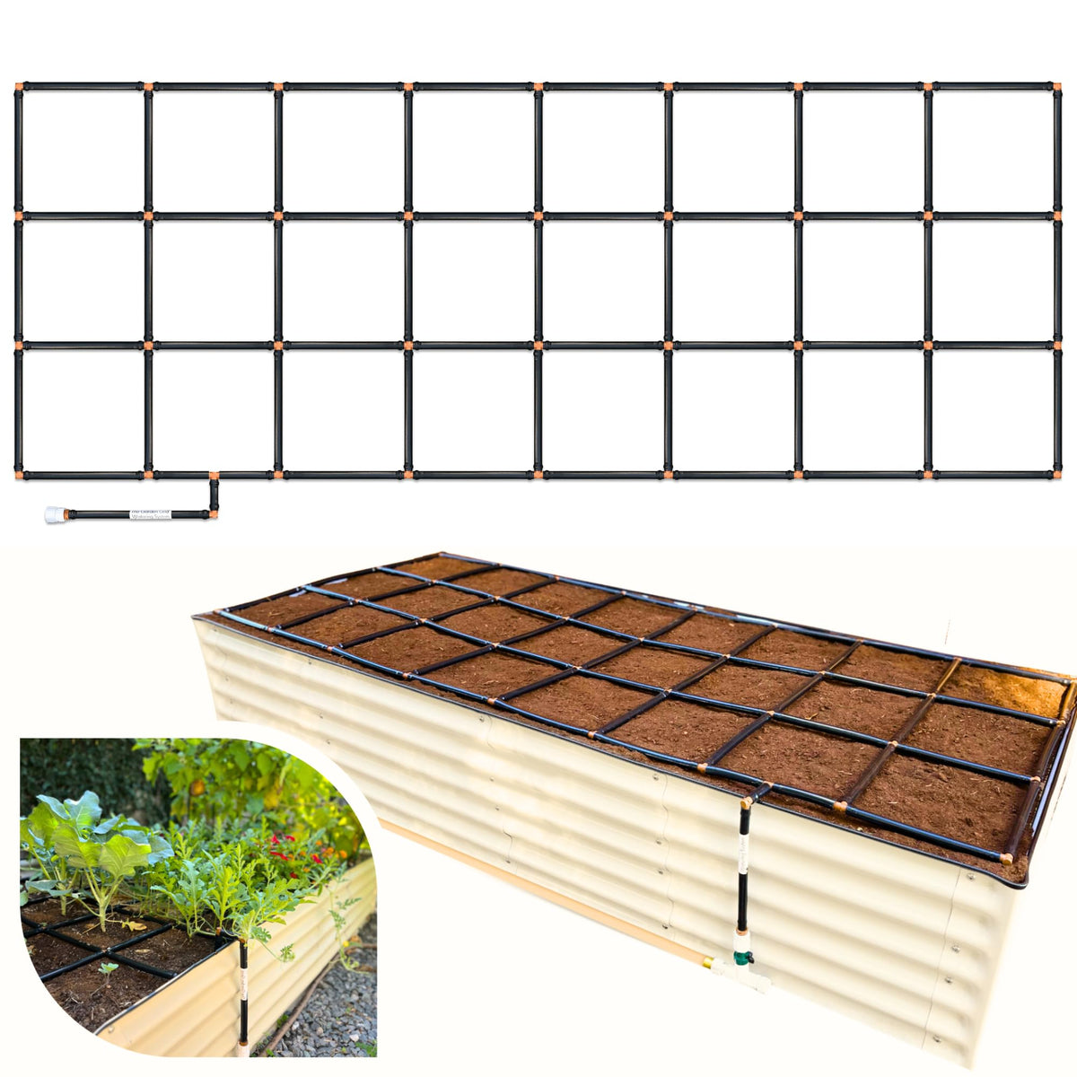 Garden In Minutes front packaging showing pre-assembled 3x8 grid and benefits