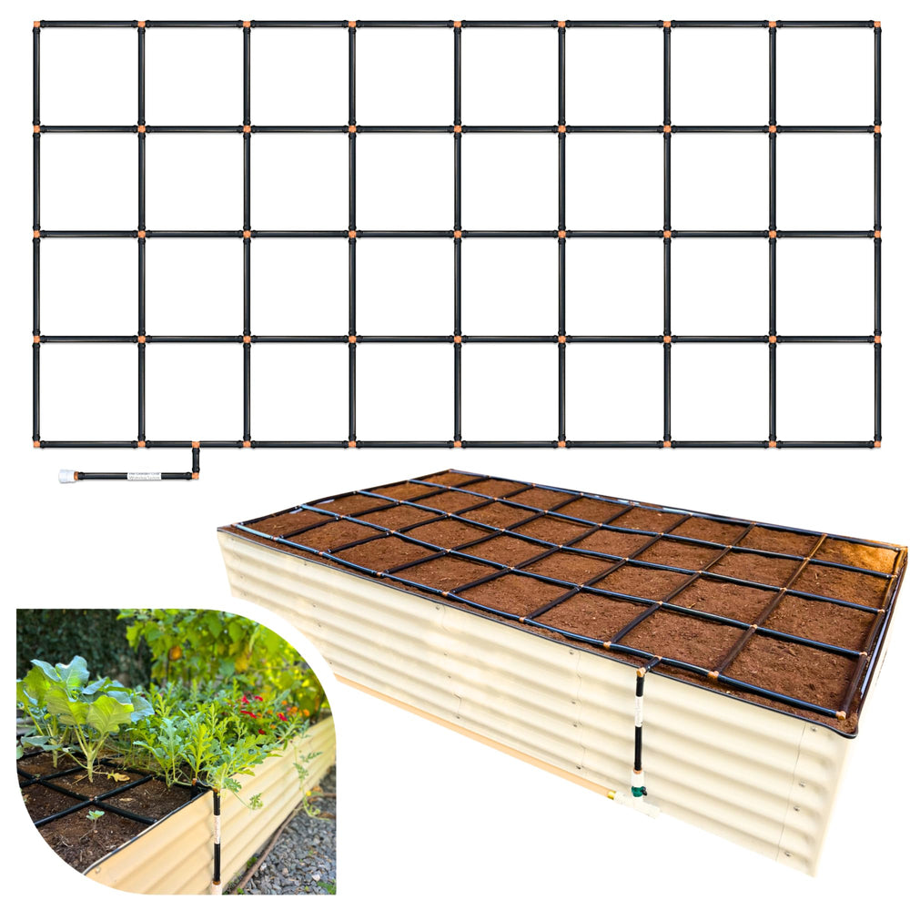 Garden In Minutes front view showing pre-assembled grid and packaging benefit quick setup
