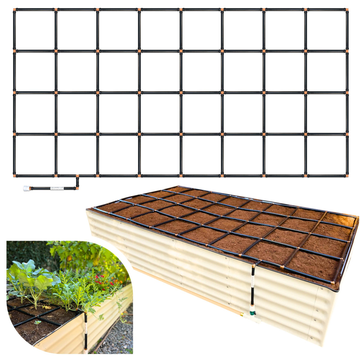 Garden In Minutes front view showing pre-assembled grid and packaging benefit quick setup