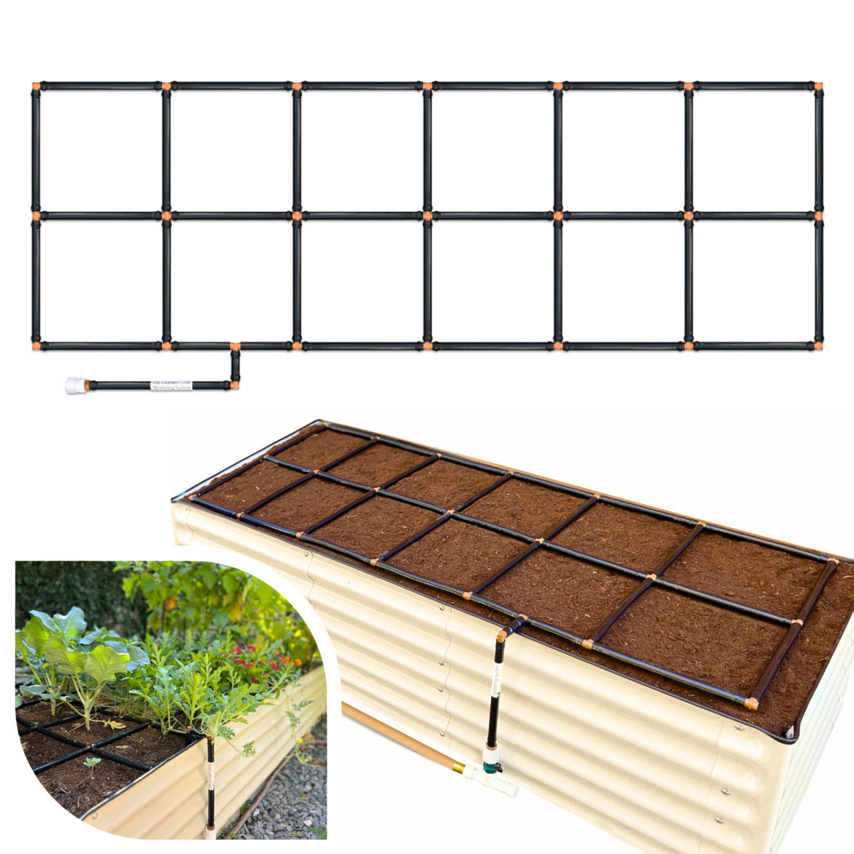 Garden In Minutes front view of pre-assembled grid showing full 2x6 coverage and quick setup benefit