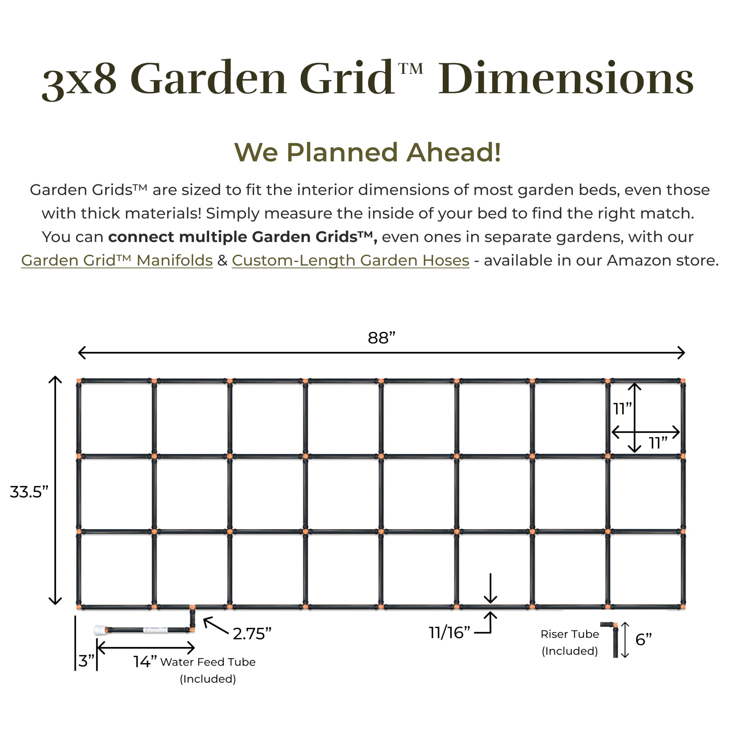 Garden In Minutes grid next to garden rake showing exact 33.5 x 88 inch scale