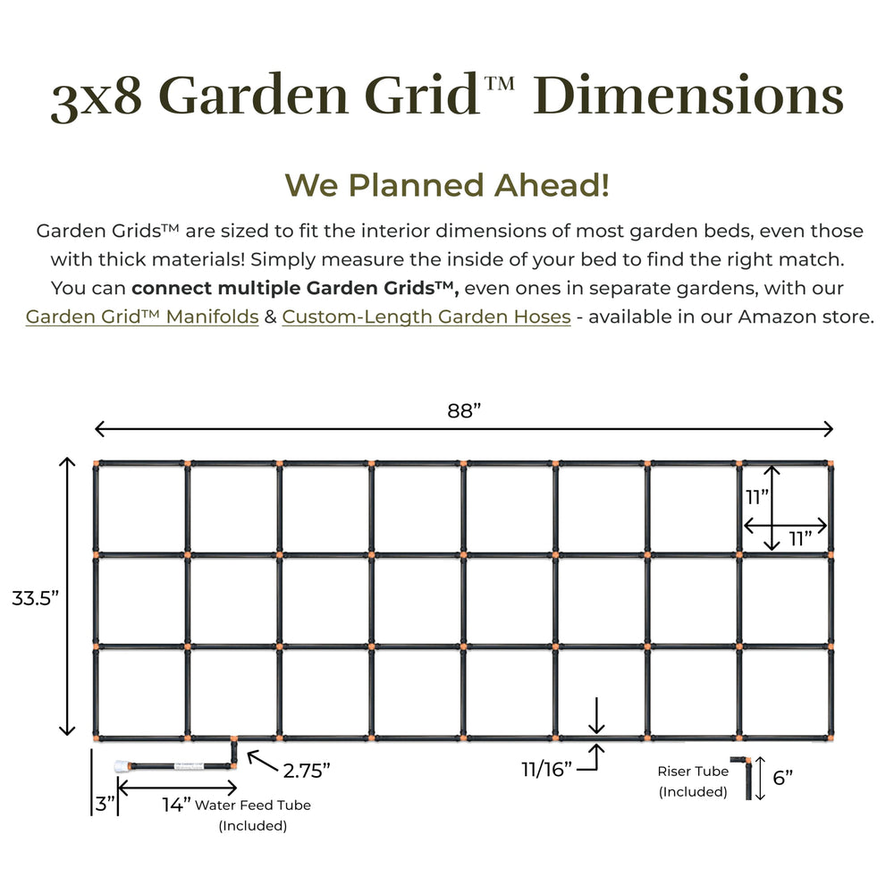 Garden In Minutes grid next to garden rake showing exact 33.5 x 88 inch scale