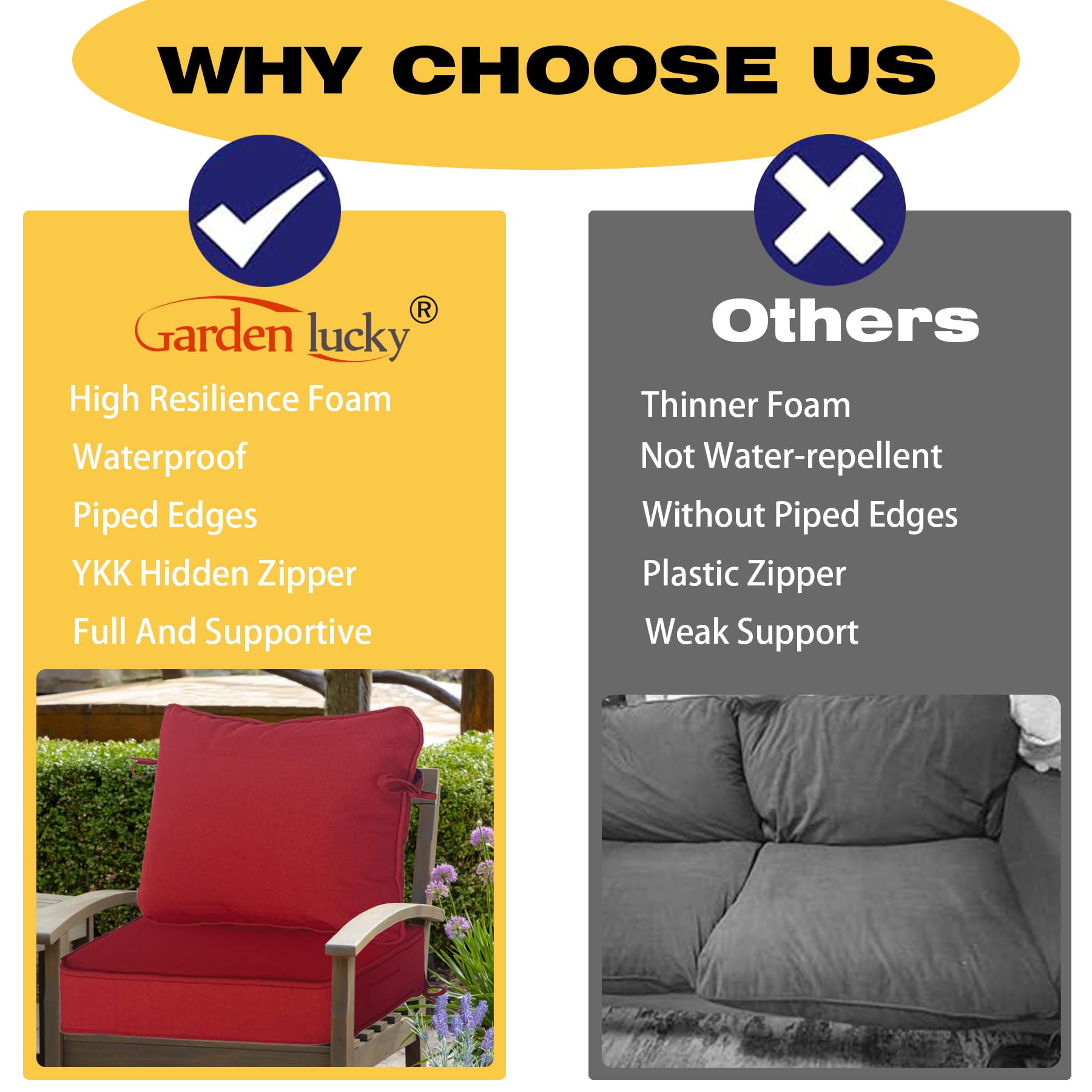 Garden lucky cushion in use on patio chair illustrating comfort and weather-ready performance