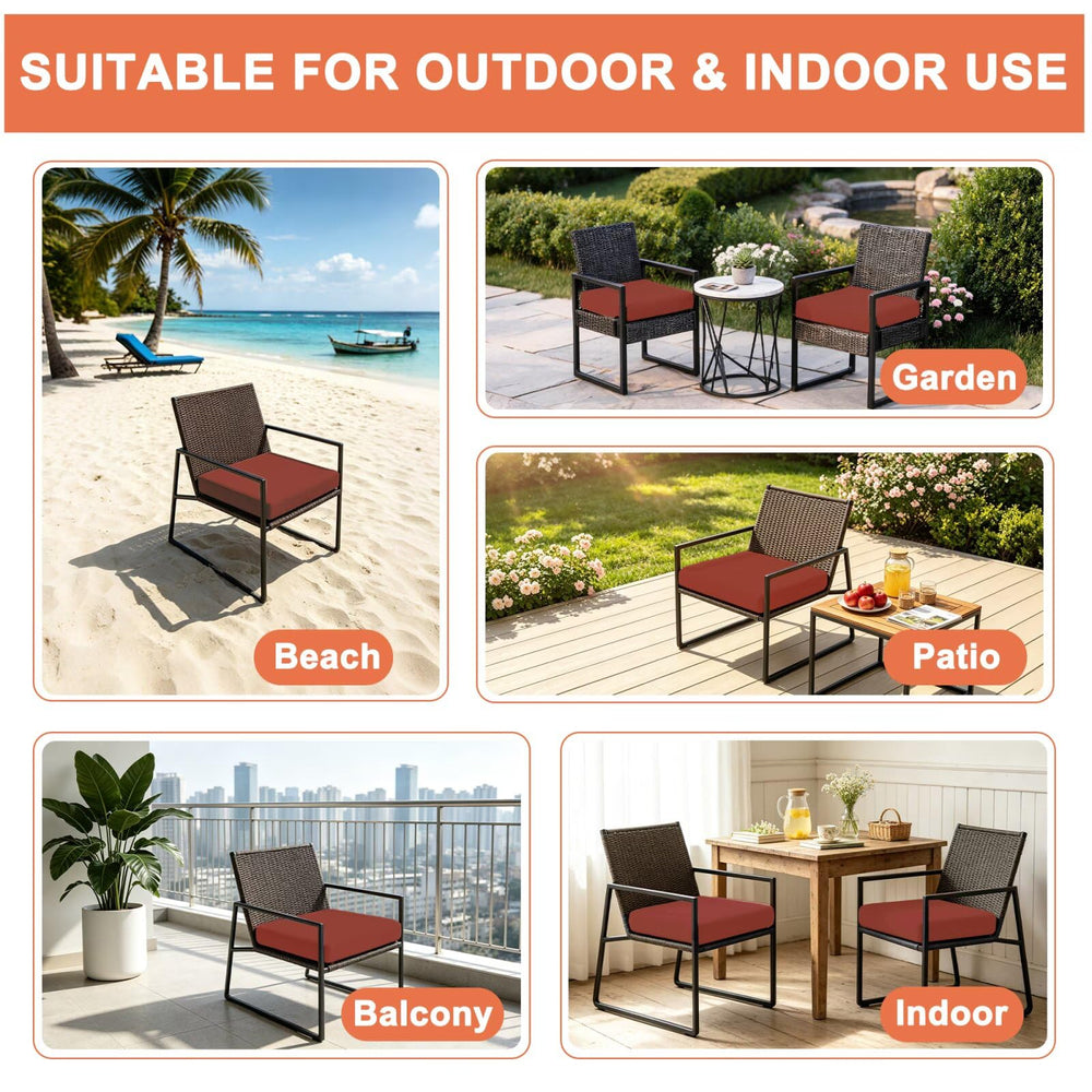 Garden lucky cushions placed on wicker patio chair creating a comfortable outdoor dining setup