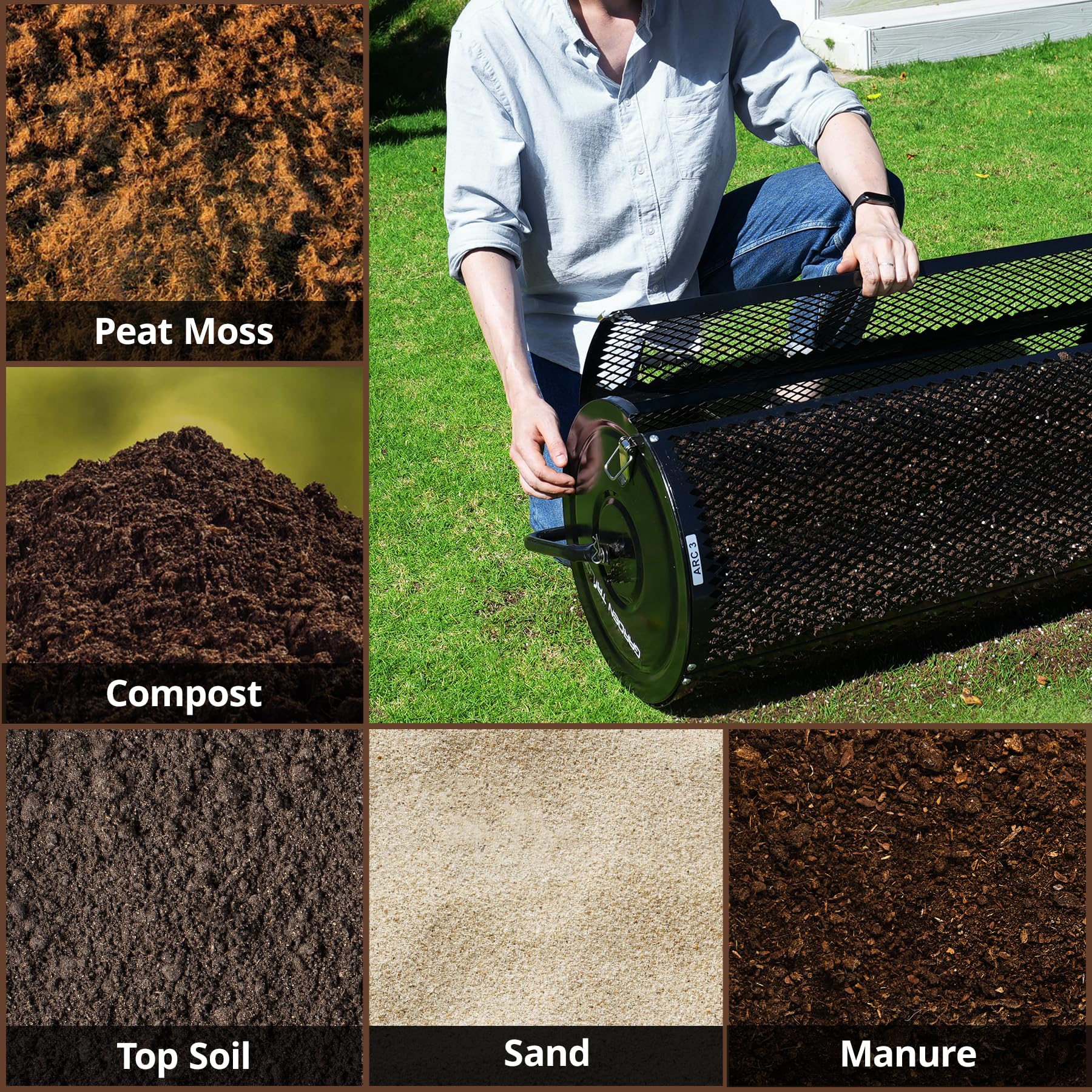 Garden Tailor spreader beside a yard sign showing 24-inch scale and capacity