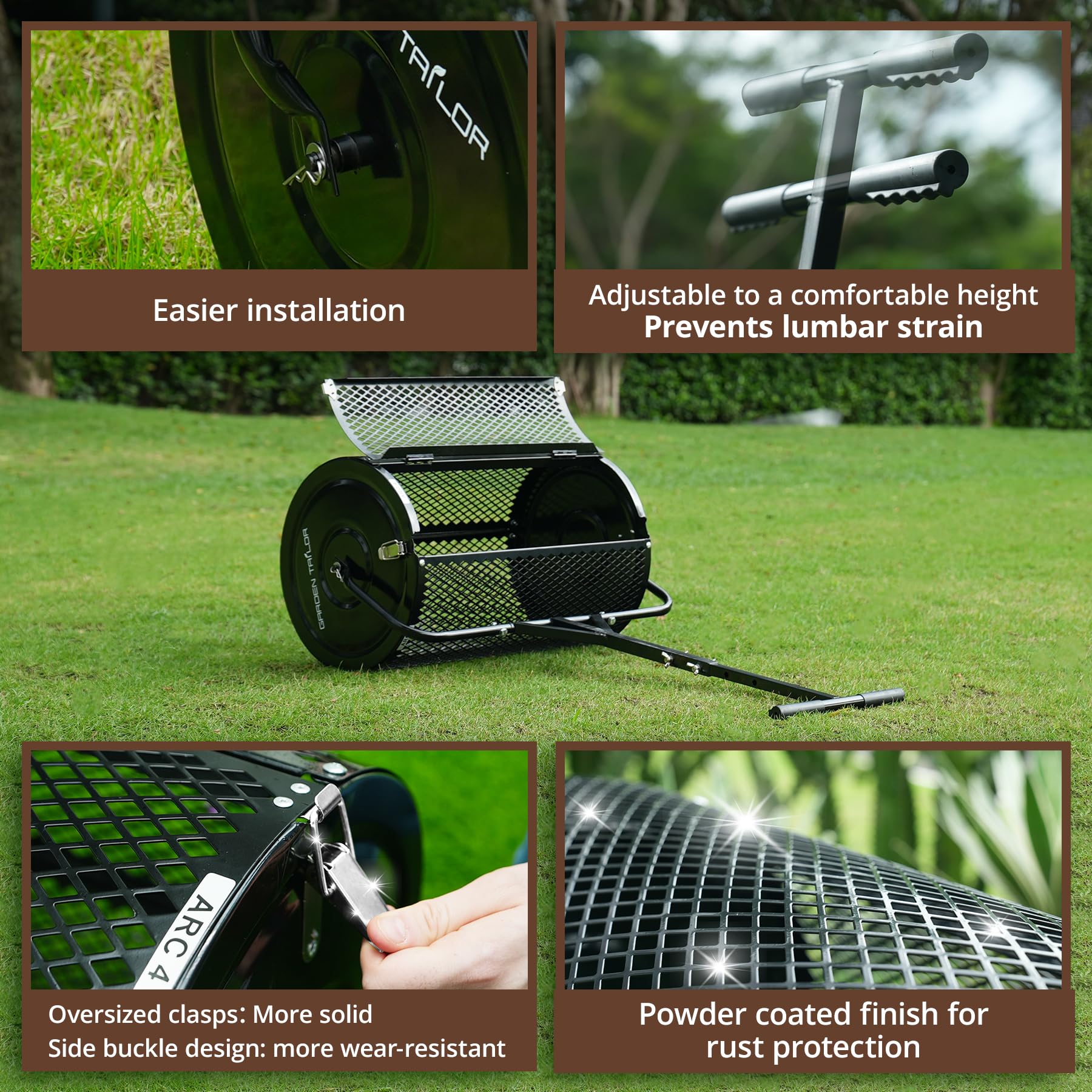 Garden Tailor wheels and powder-coated frame for rust-resistant durability