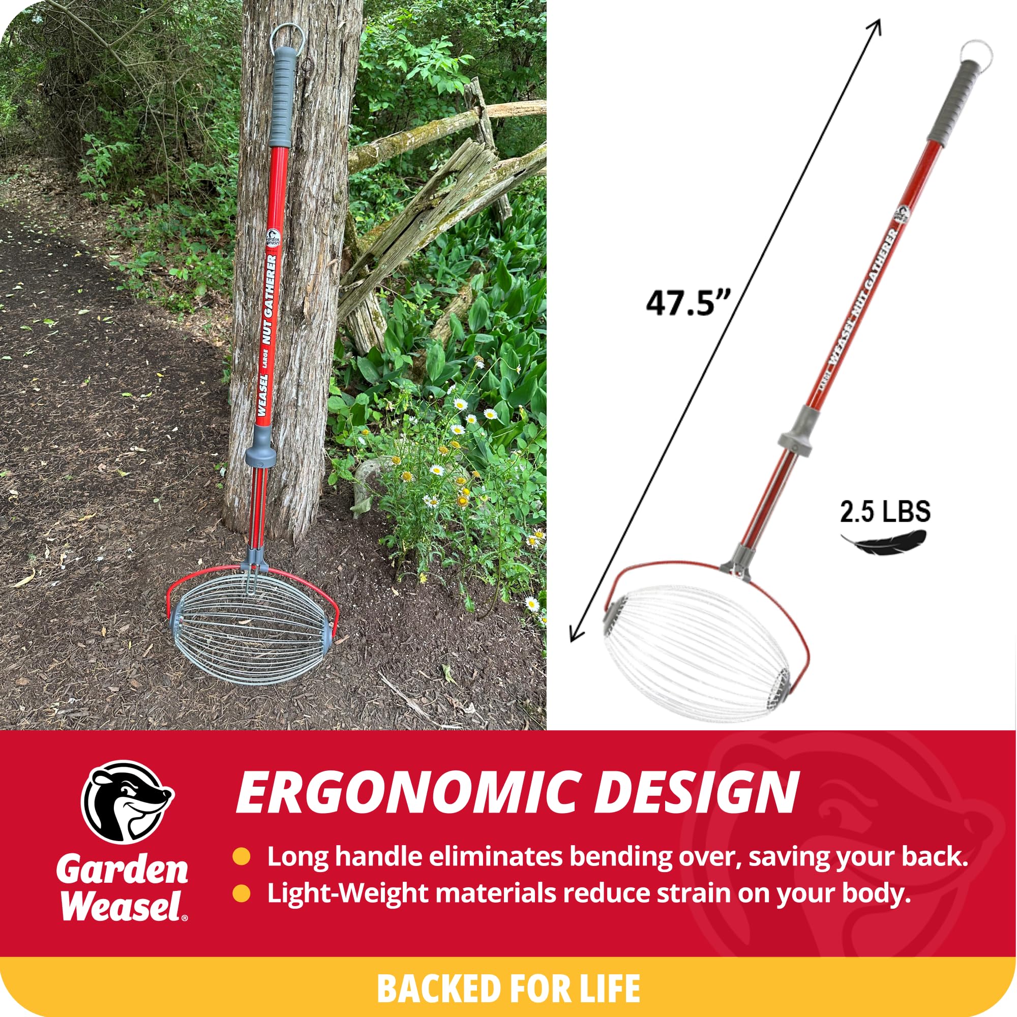 Garden Weasel cage opening with release mechanism showing easy hands-free emptying benefit