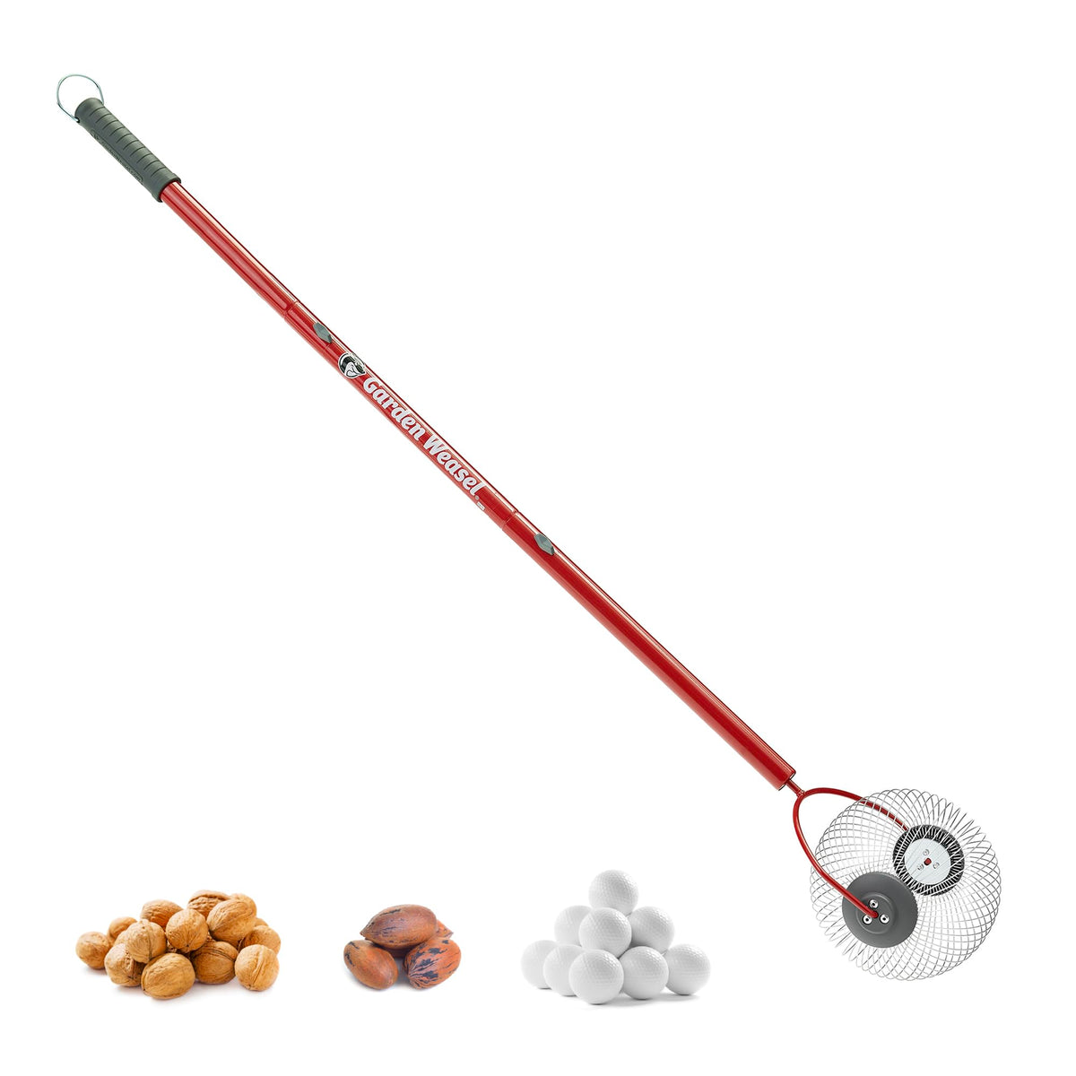 GARDEN WEASEL front view showing medium nut gatherer ready to roll and save time