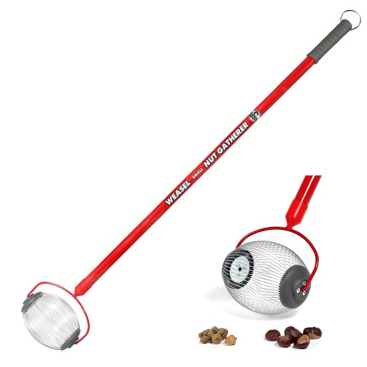 GARDEN WEASEL front view showing compact nut gatherer for easy pickup