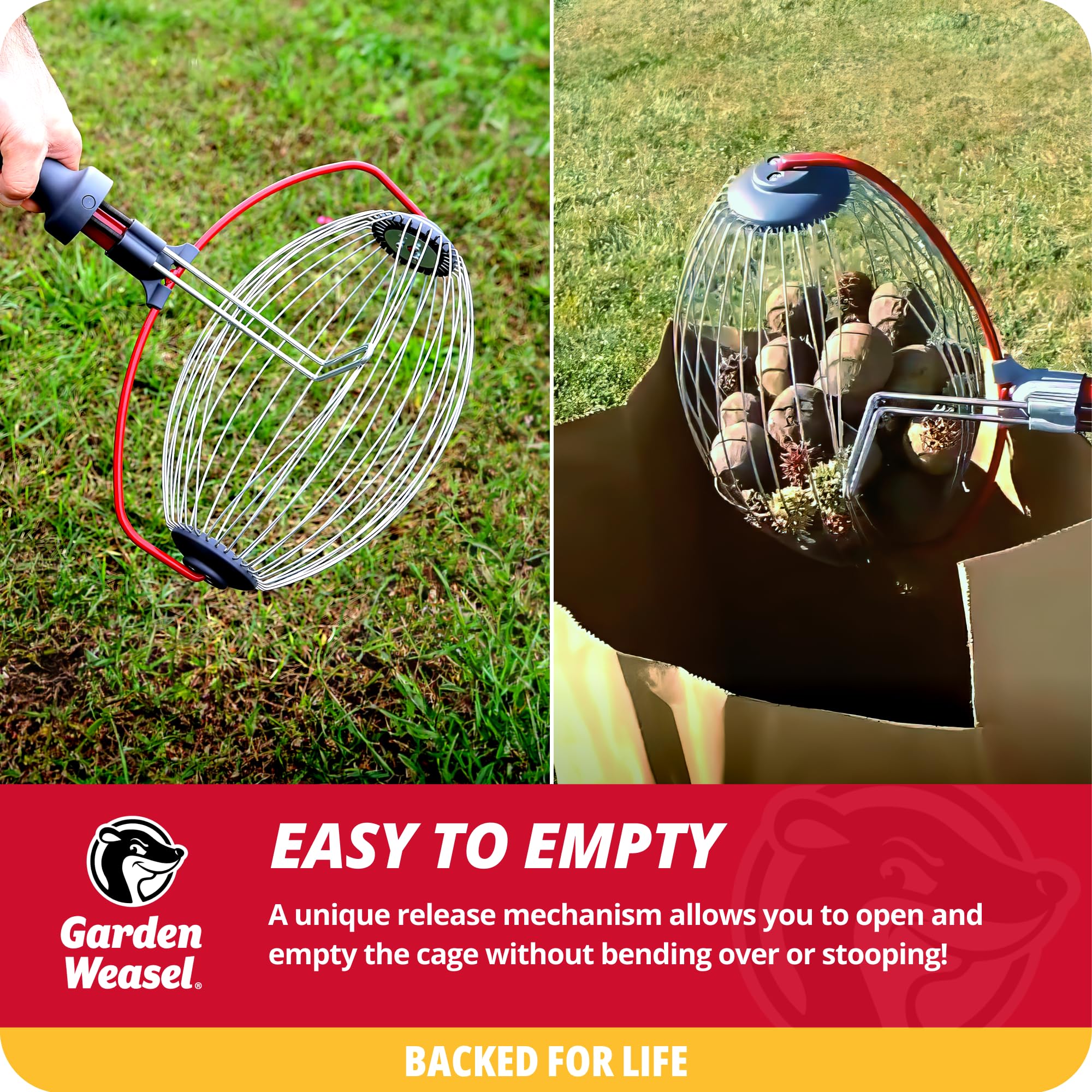 Garden Weasel beside tennis ball illustrating size range and versatile pickup benefit