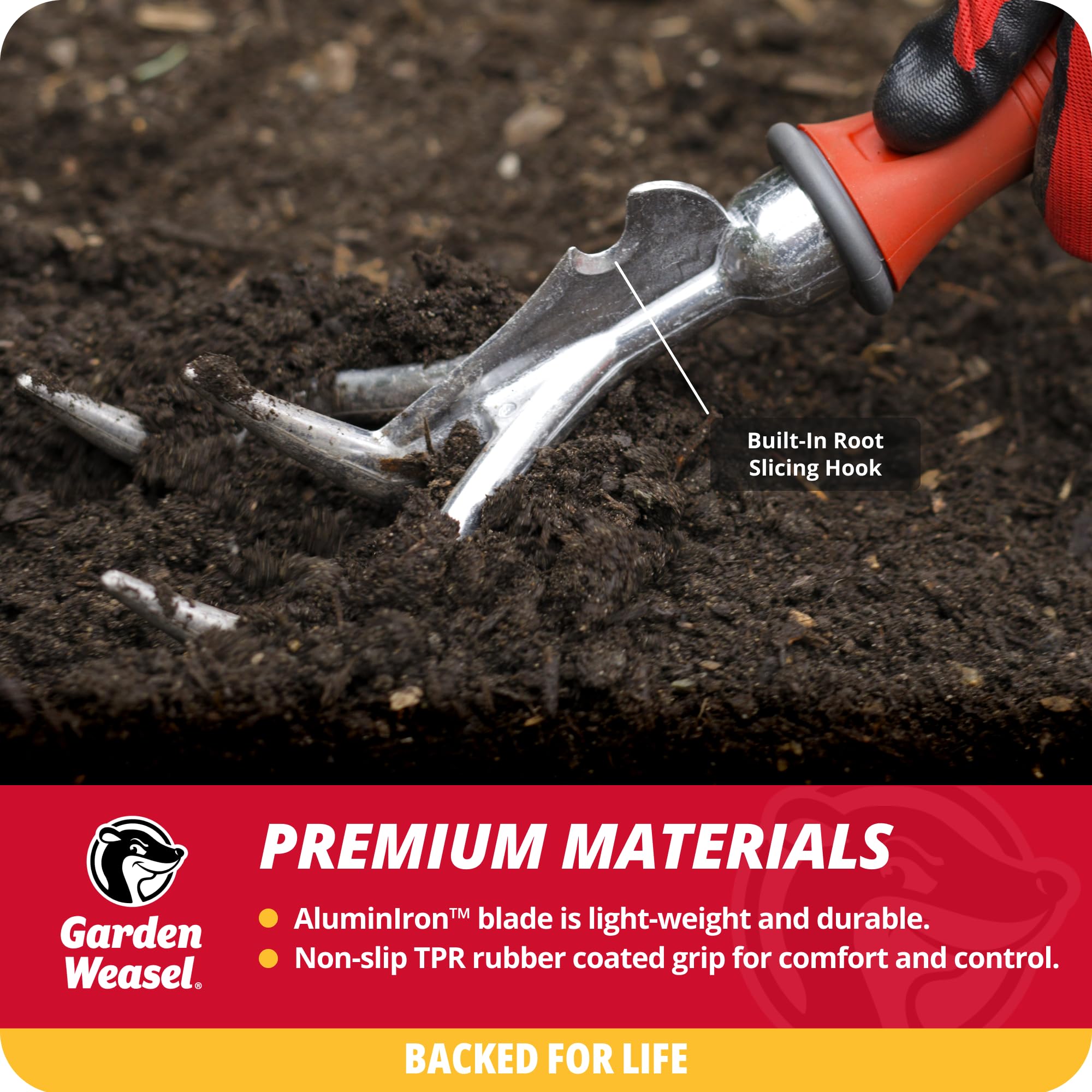 GARDEN WEASEL tiller prongs close-up breaking soil for improved aeration