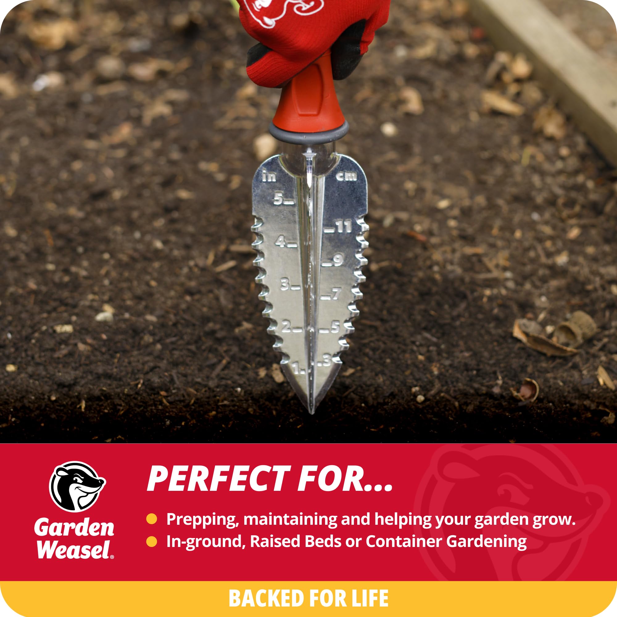 GARDEN WEASEL transplanter close-up showing narrow blade for precise planting