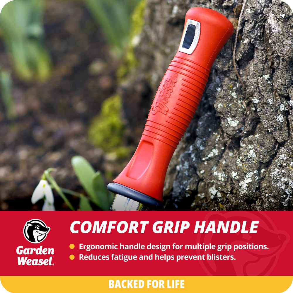 GARDEN WEASEL trowel blade detail demonstrating triangular digging strength