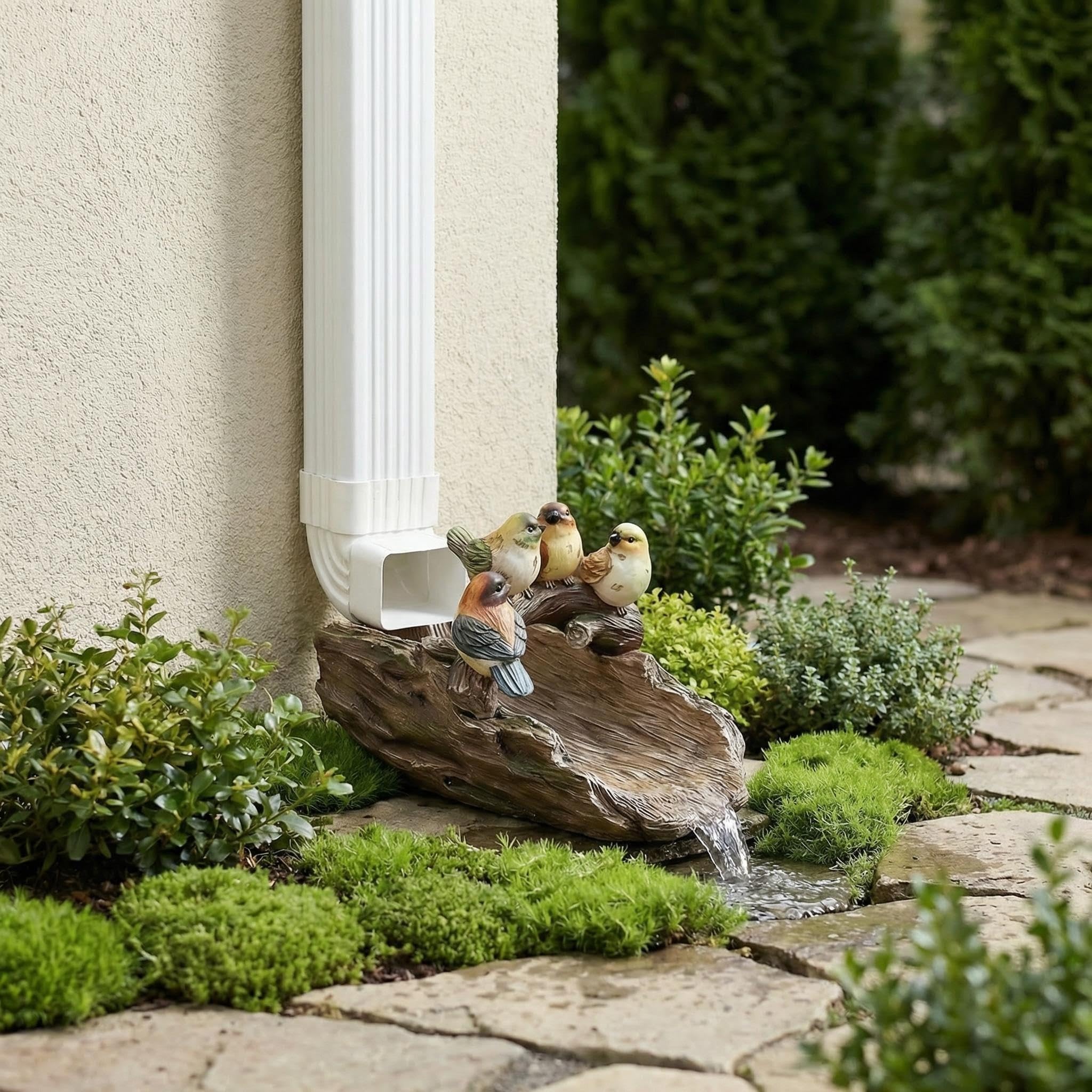 GARDEN WHISPER back angle revealing the sloped water channel that directs runoff outward