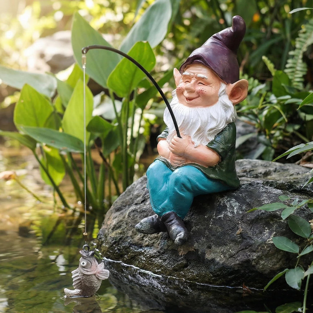 GARDEN WHISPER front view of fishing gnome adding garden charm