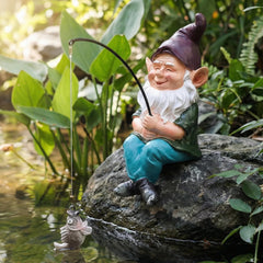 GARDEN WHISPER front view of fishing gnome adding garden charm