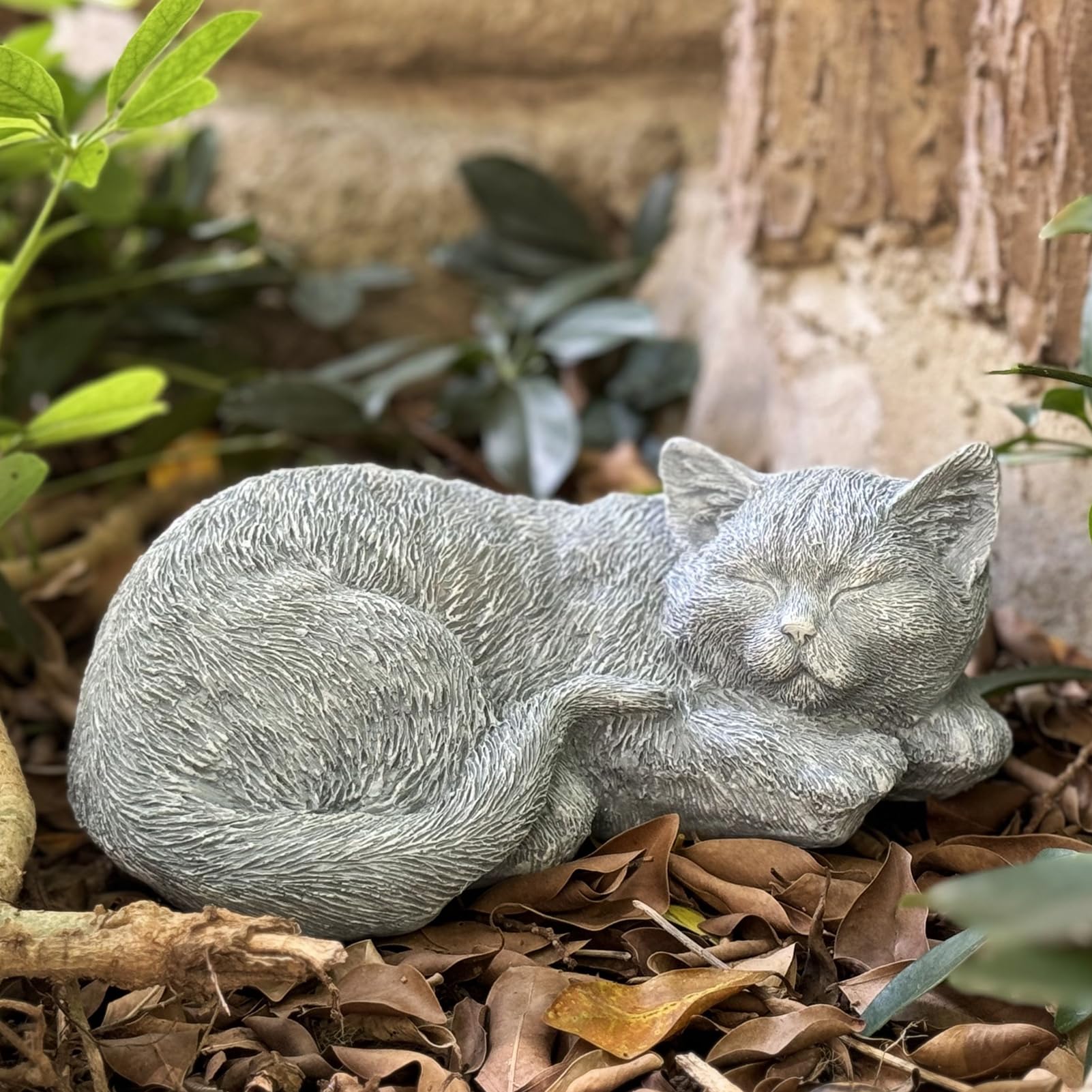GARDEN WHISPER front view tabby statue showing peaceful pose and decorative appeal