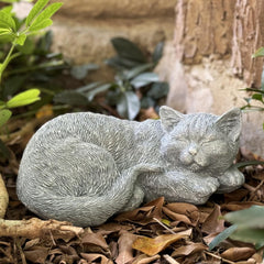 GARDEN WHISPER front view tabby statue showing peaceful pose and decorative appeal