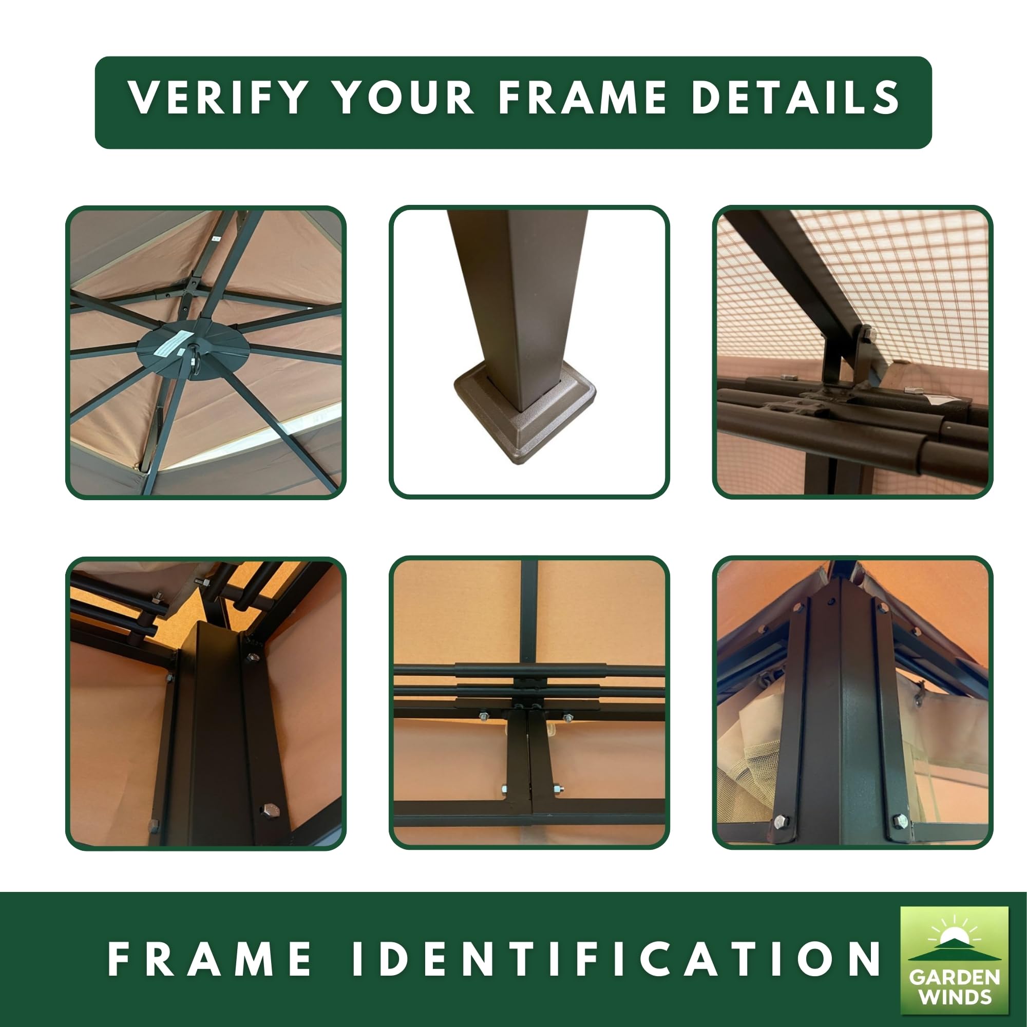 Garden Winds fabric label and specs showing UPF50+, CPAI-84 and warranty information