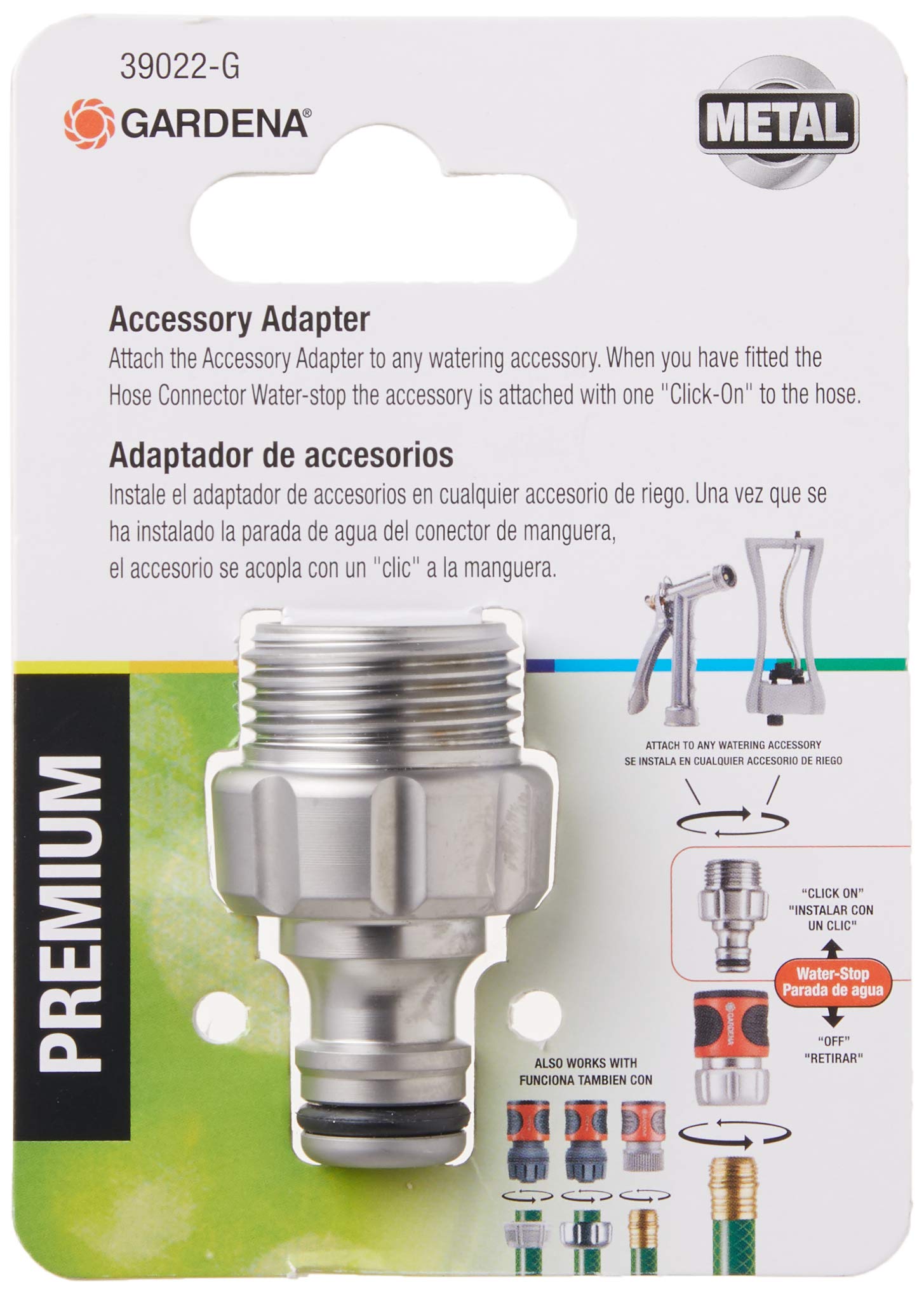Gardena adapter connecting nozzle to quick connector demonstrating fast tool change