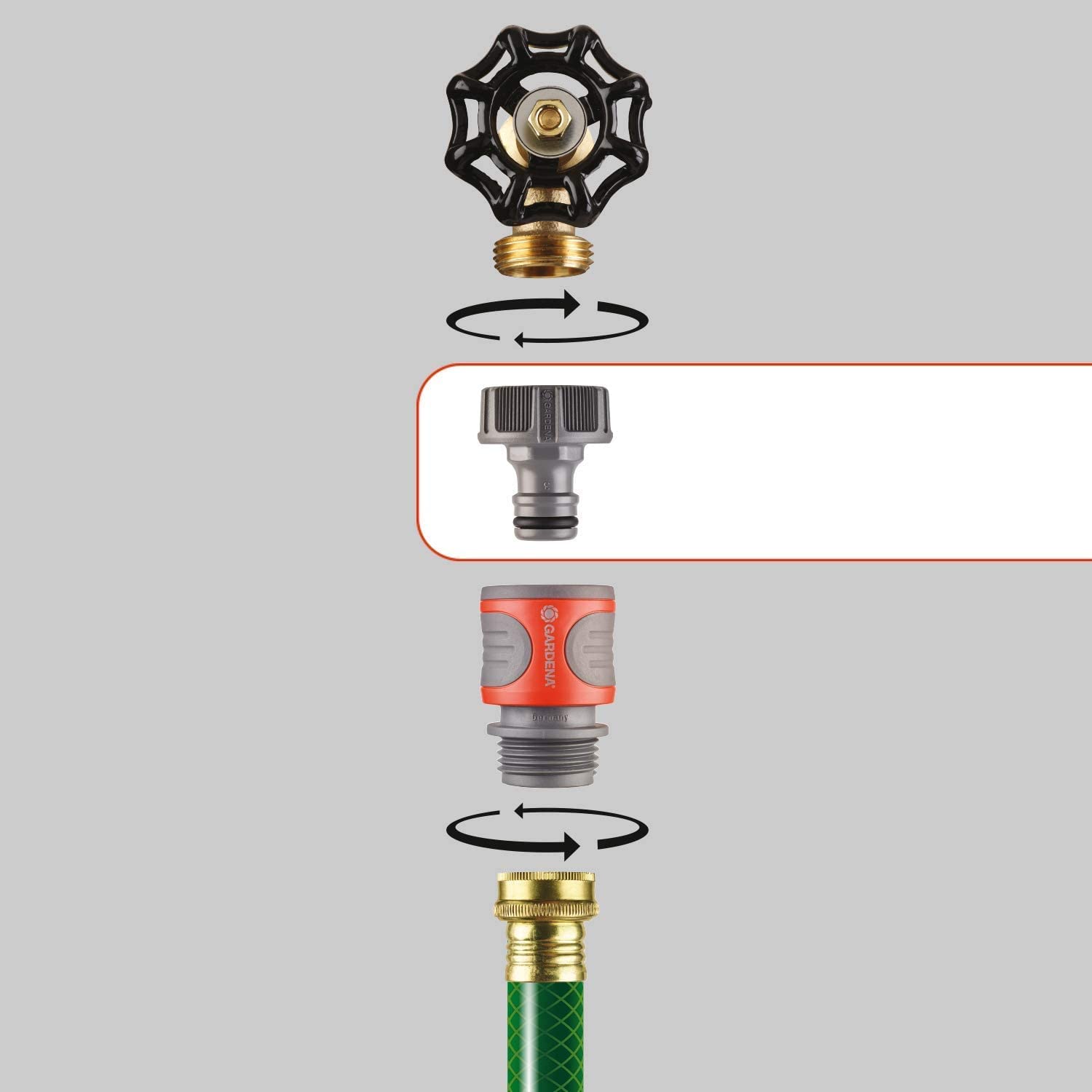 Gardena adapter with hose attached demonstrating fast click‑on convenience