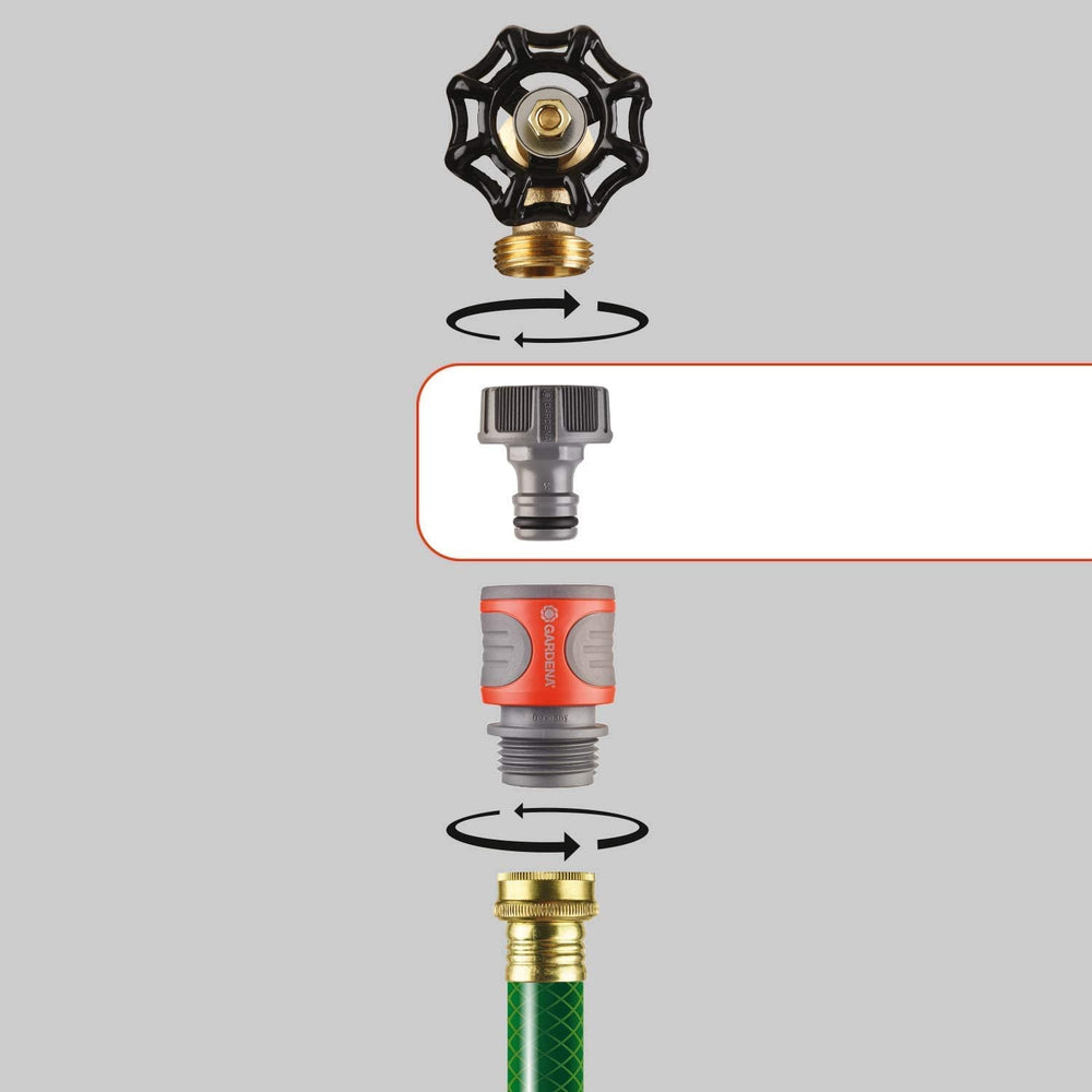 Gardena adapter with hose attached demonstrating fast click‑on convenience