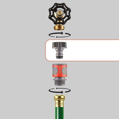 Gardena adapter with hose attached demonstrating fast click‑on convenience