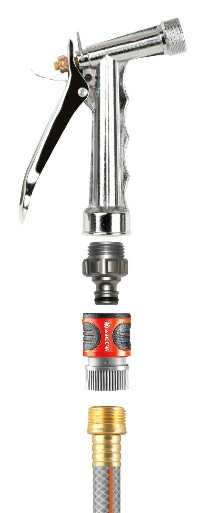 Gardena adapter attached to hose showing size and scale for easy compatibility