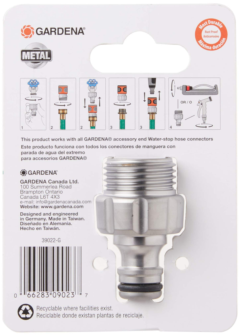 Gardena adapter on card packaging highlighting durable metal construction