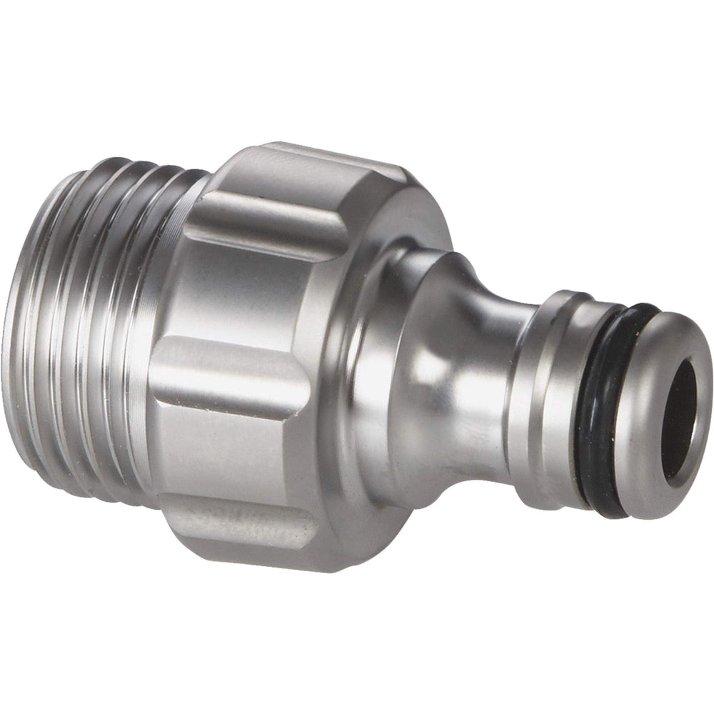Close-up of Gardena adapter threads and metal finish for leak-resistant seal