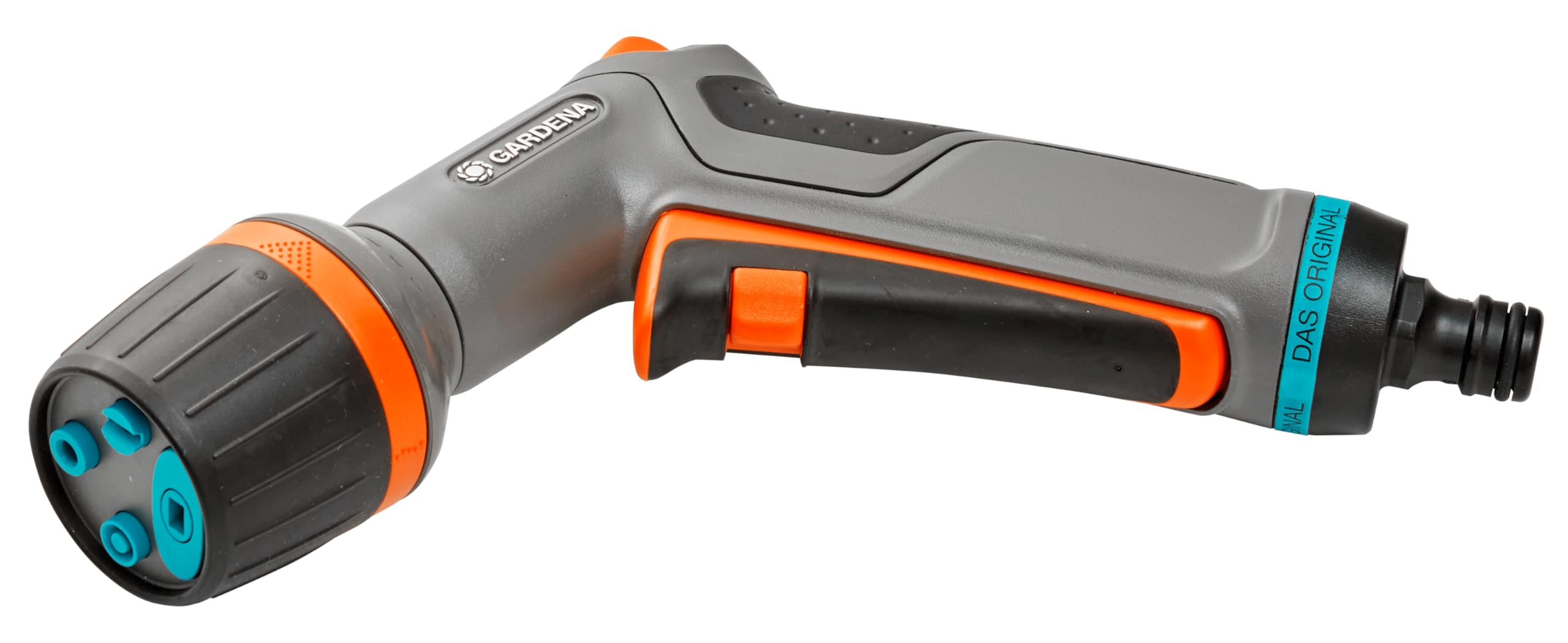 Gardena nozzle front view showing ergonomic body and durable finish