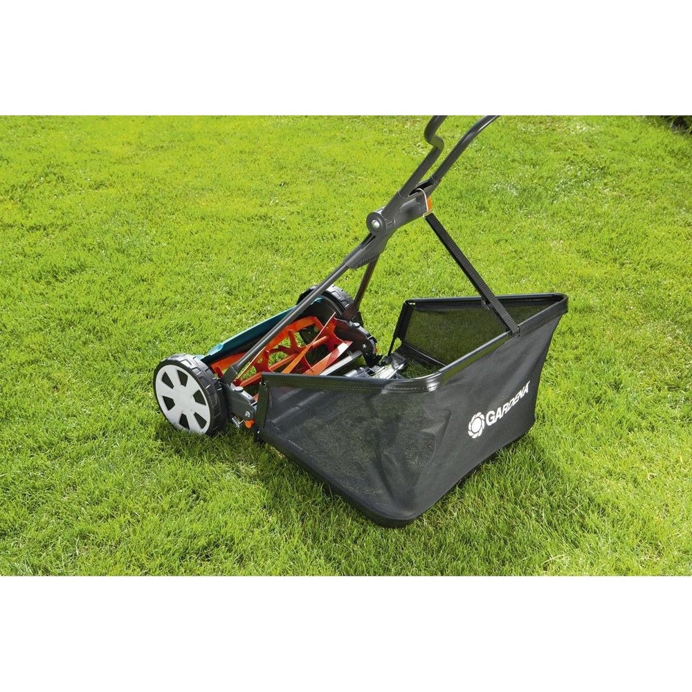 Gardena folded grass catcher demonstrating compact storage and space saving