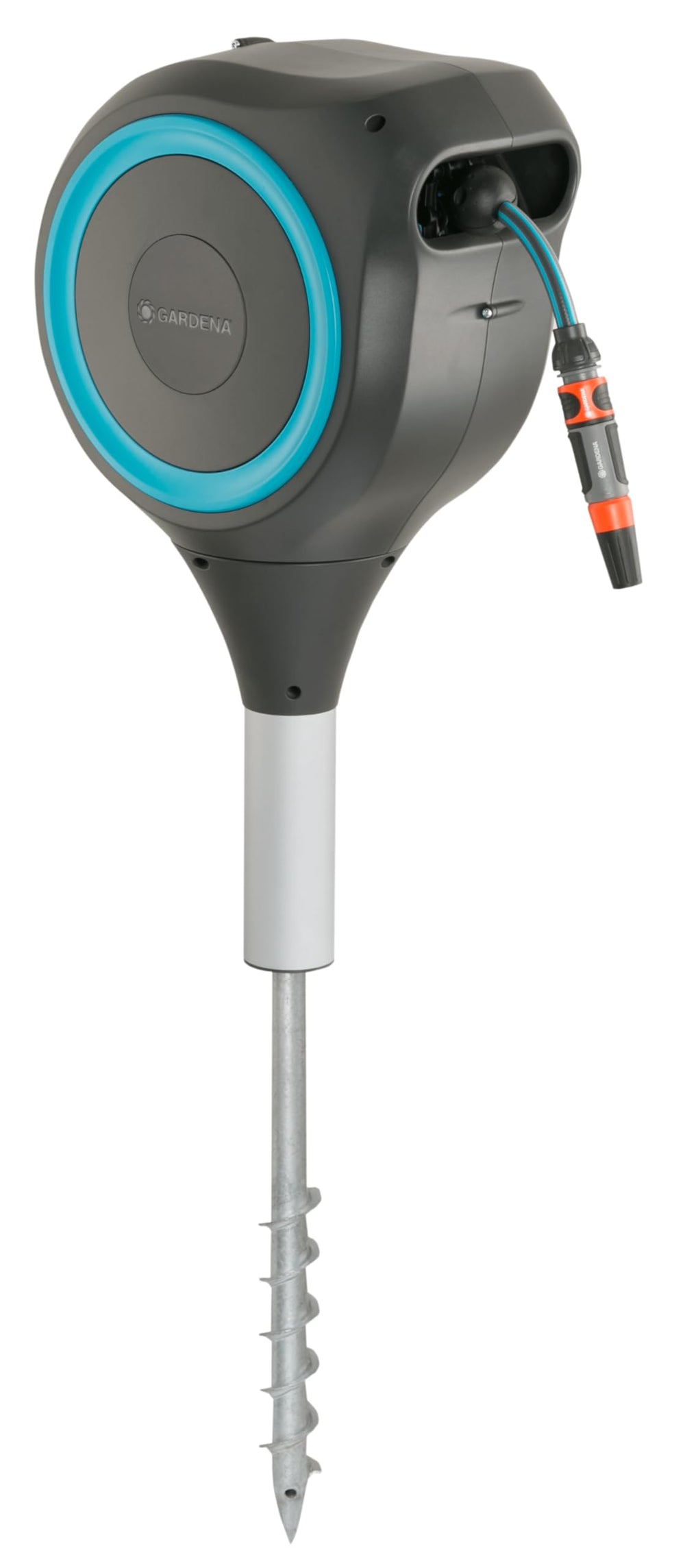 Gardena reel installed on lawn watering flower beds with ease