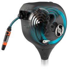 Gardena side view highlighting 360-degree swivel for wide garden reach
