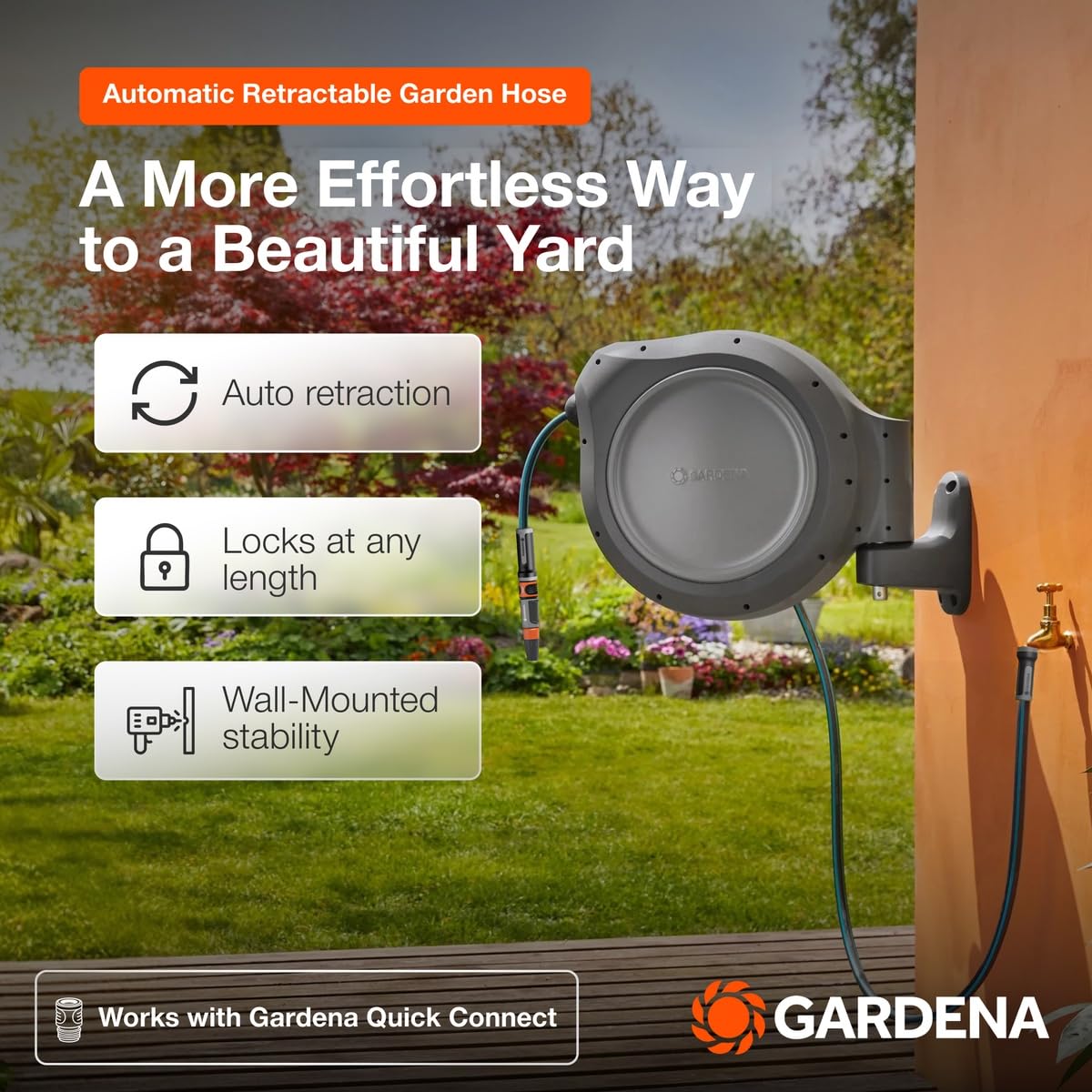 GARDENA side profile emphasizing 180° swivel bracket for flexible directional reach
