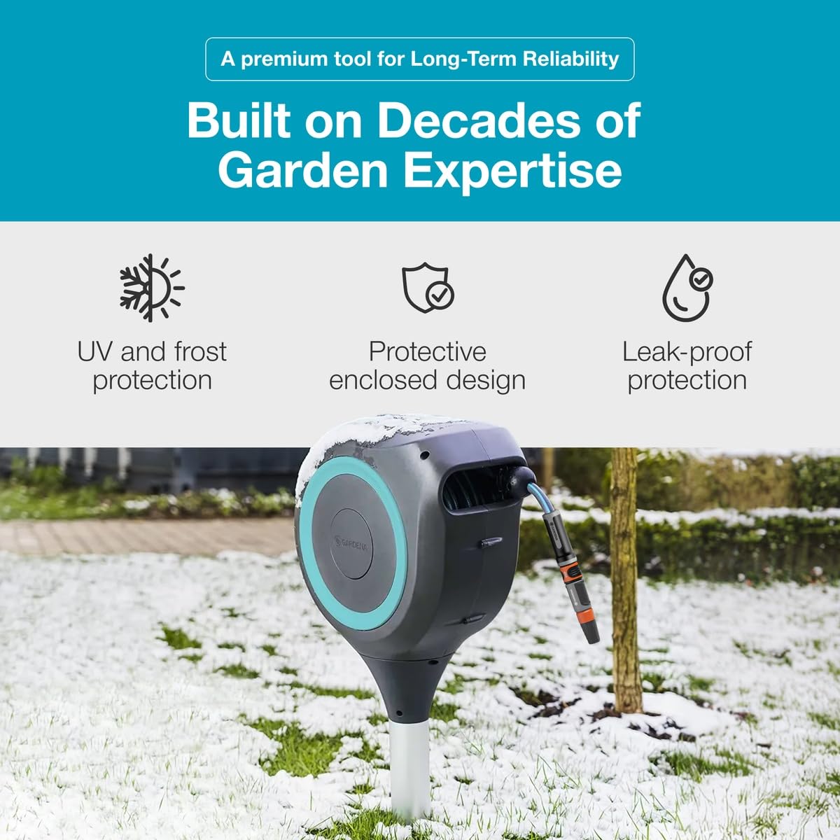 GARDENA housing texture highlighting UV-resistant material for long life