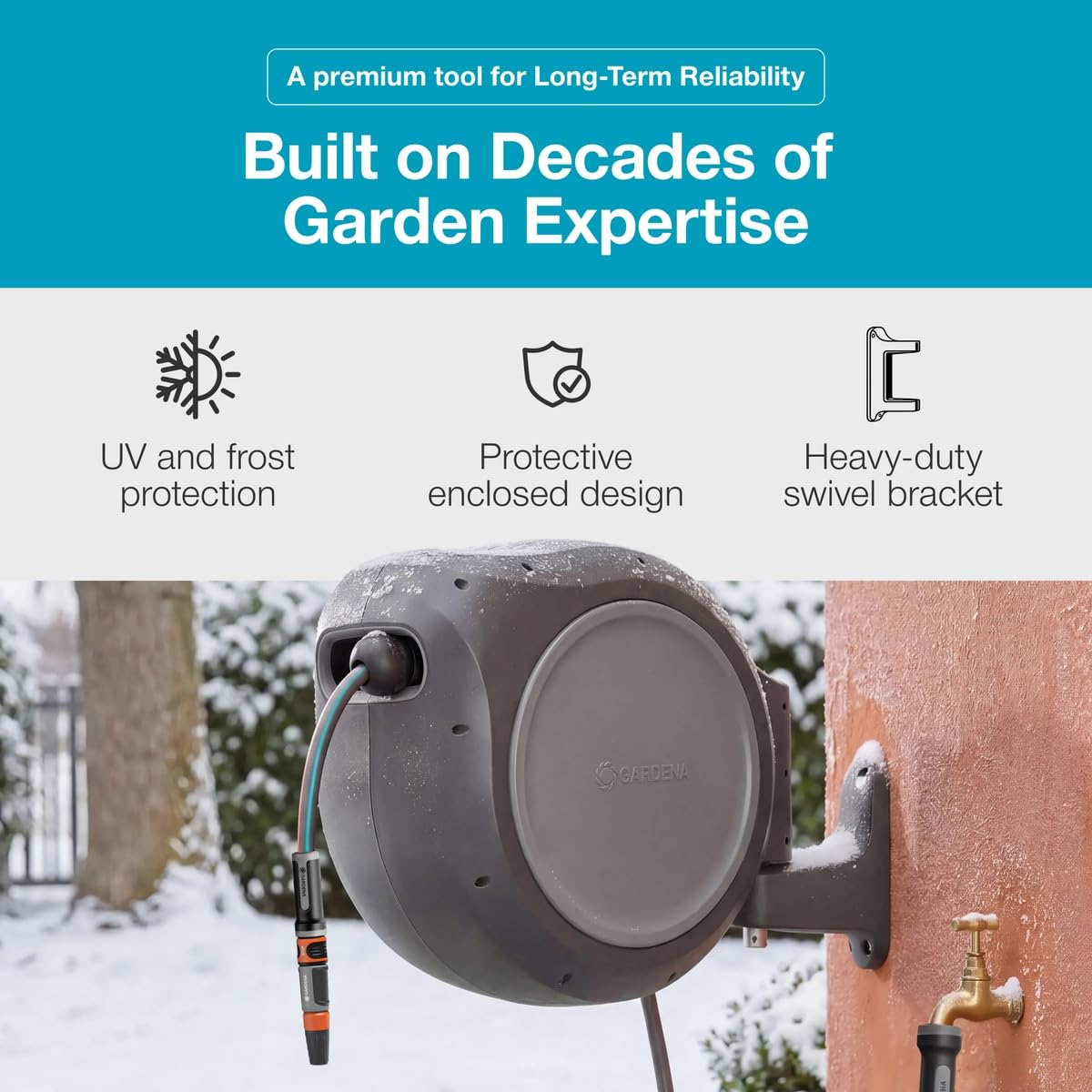 GARDENA mounted reel in garden demonstrating compact storage and convenient access