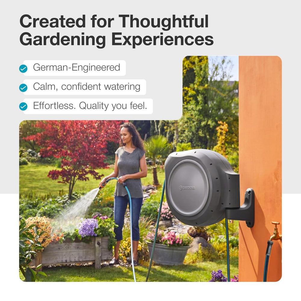 GARDENA open reel showing coiled hose protected by cover for longer outdoor life
