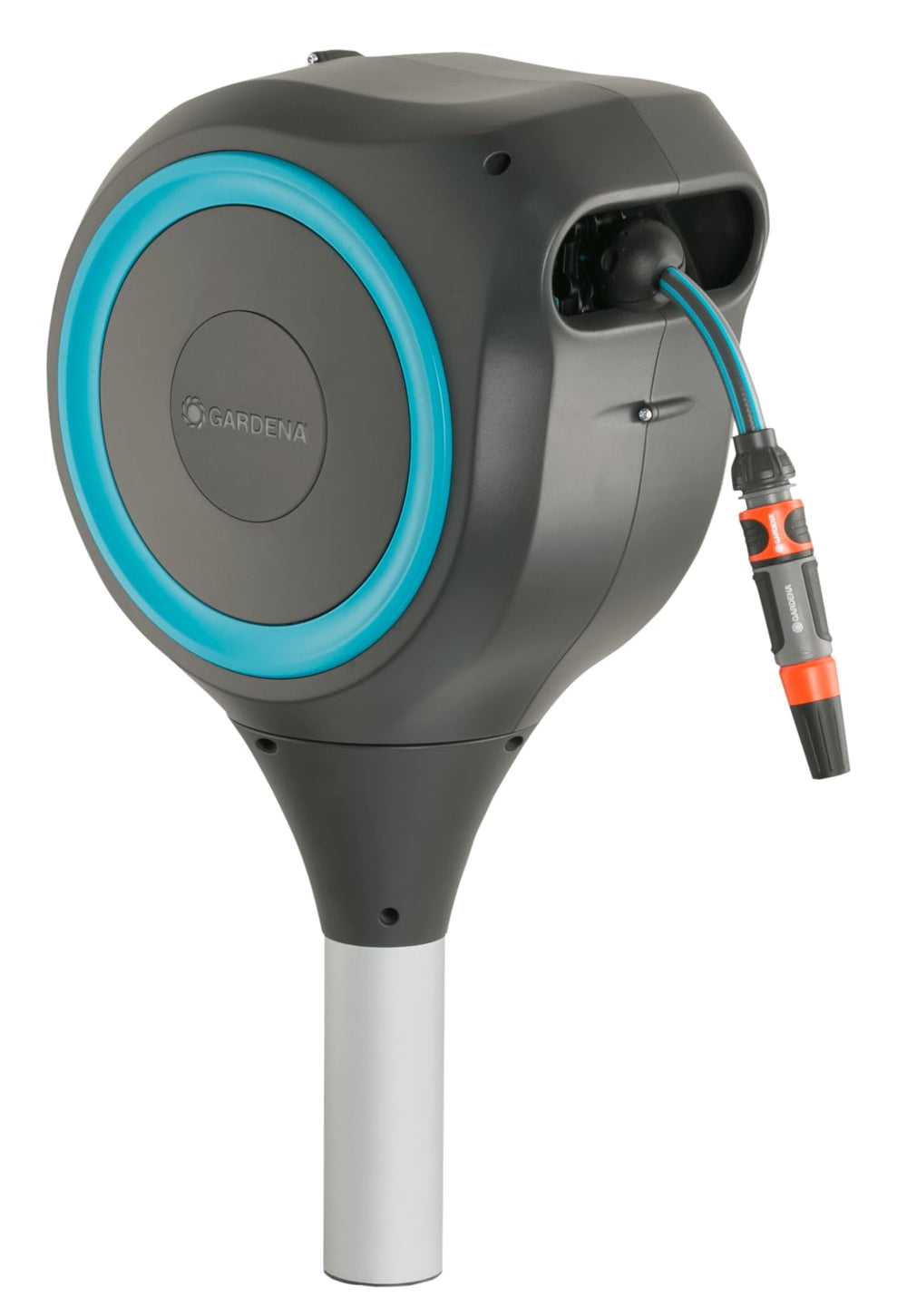 Gardena front view of retractable hose reel showing tidy storage benefit