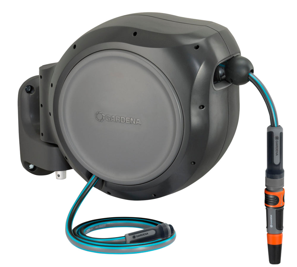 GARDENA front view of retractable hose reel showing compact mounted design