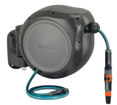 GARDENA front view of retractable hose reel showing compact mounted design