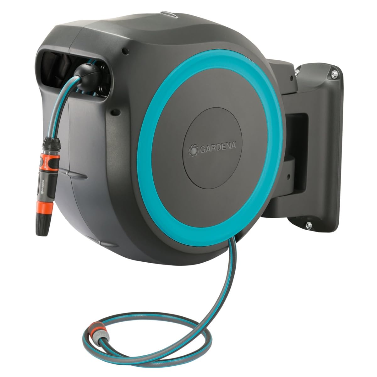 GARDENA front view of retractable reel showing compact design and tidy storage benefit