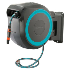 GARDENA front view of retractable reel showing compact design and tidy storage benefit