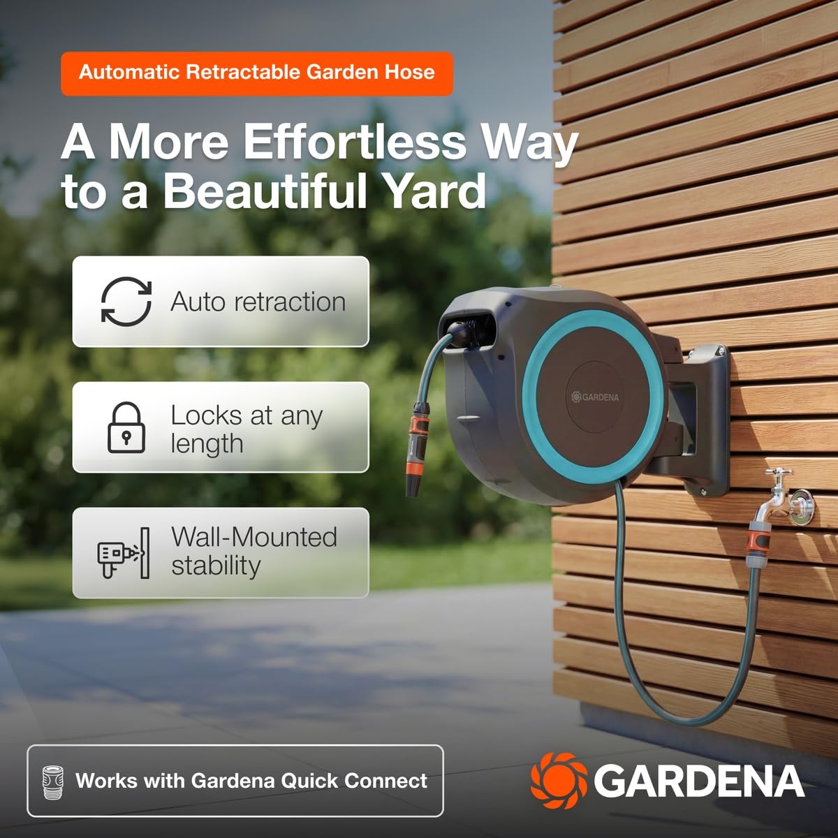 GARDENA side view highlighting 180° swivel bracket for flexible watering reach