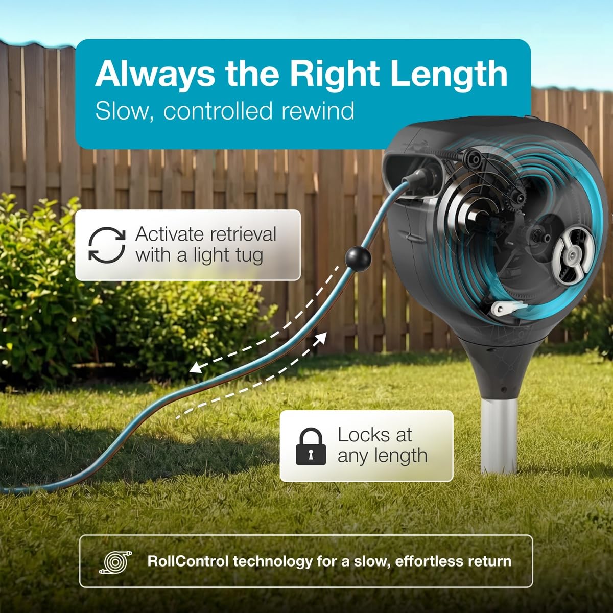 GARDENA RollControl close-up demonstrating smooth controlled rewind safety