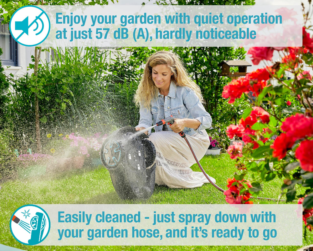 GARDENA SILENO Minimo app screen showing Bluetooth control and scheduling benefit