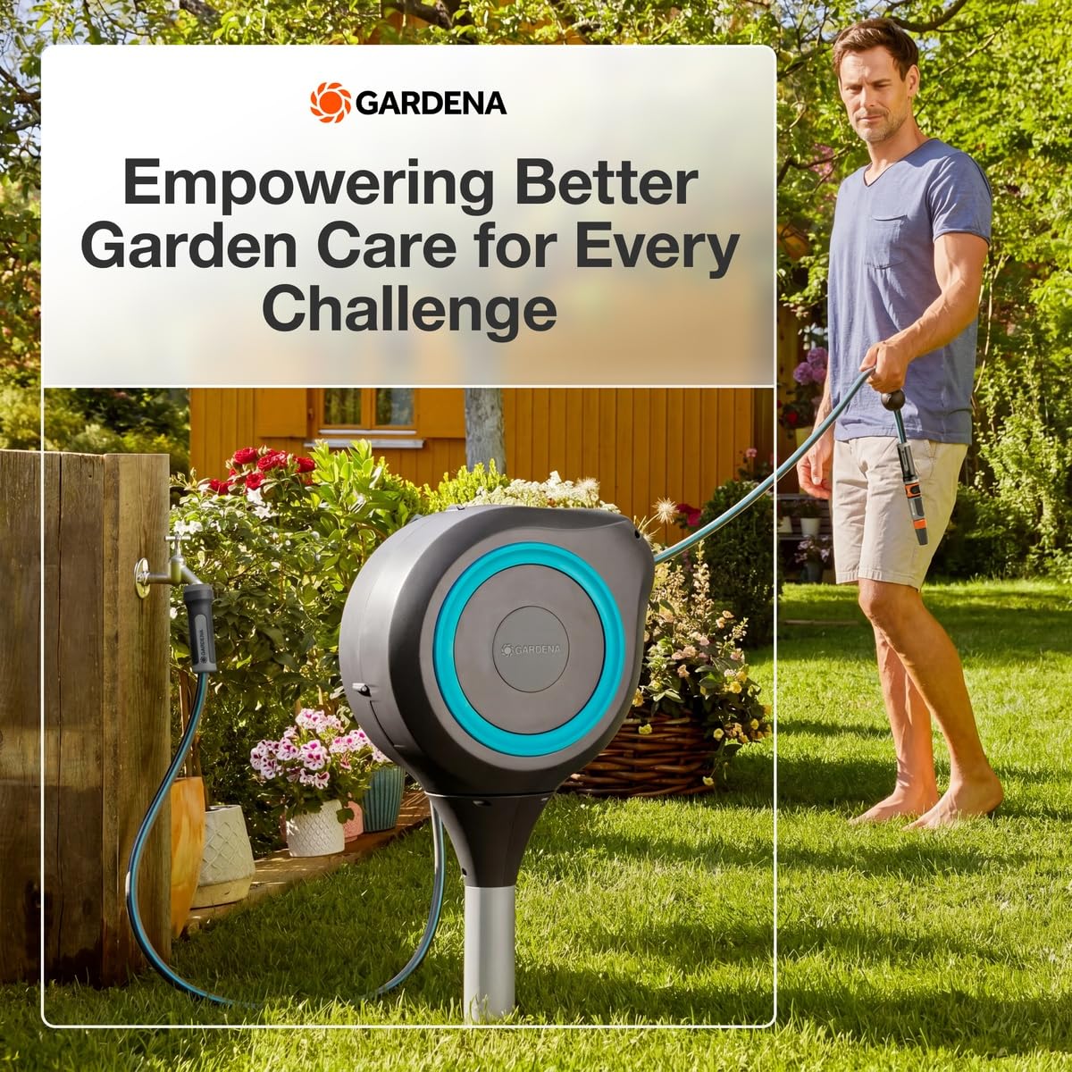 GARDENA reel next to garden tools showing compact size and scale